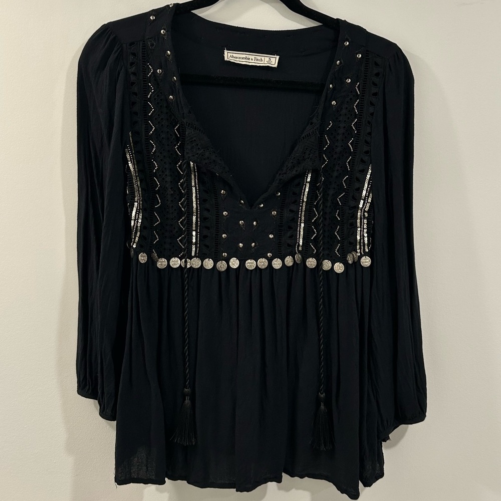 Abercrombie & Fitch Blouse Womens Small Black Boho Embroidered Peasant Top